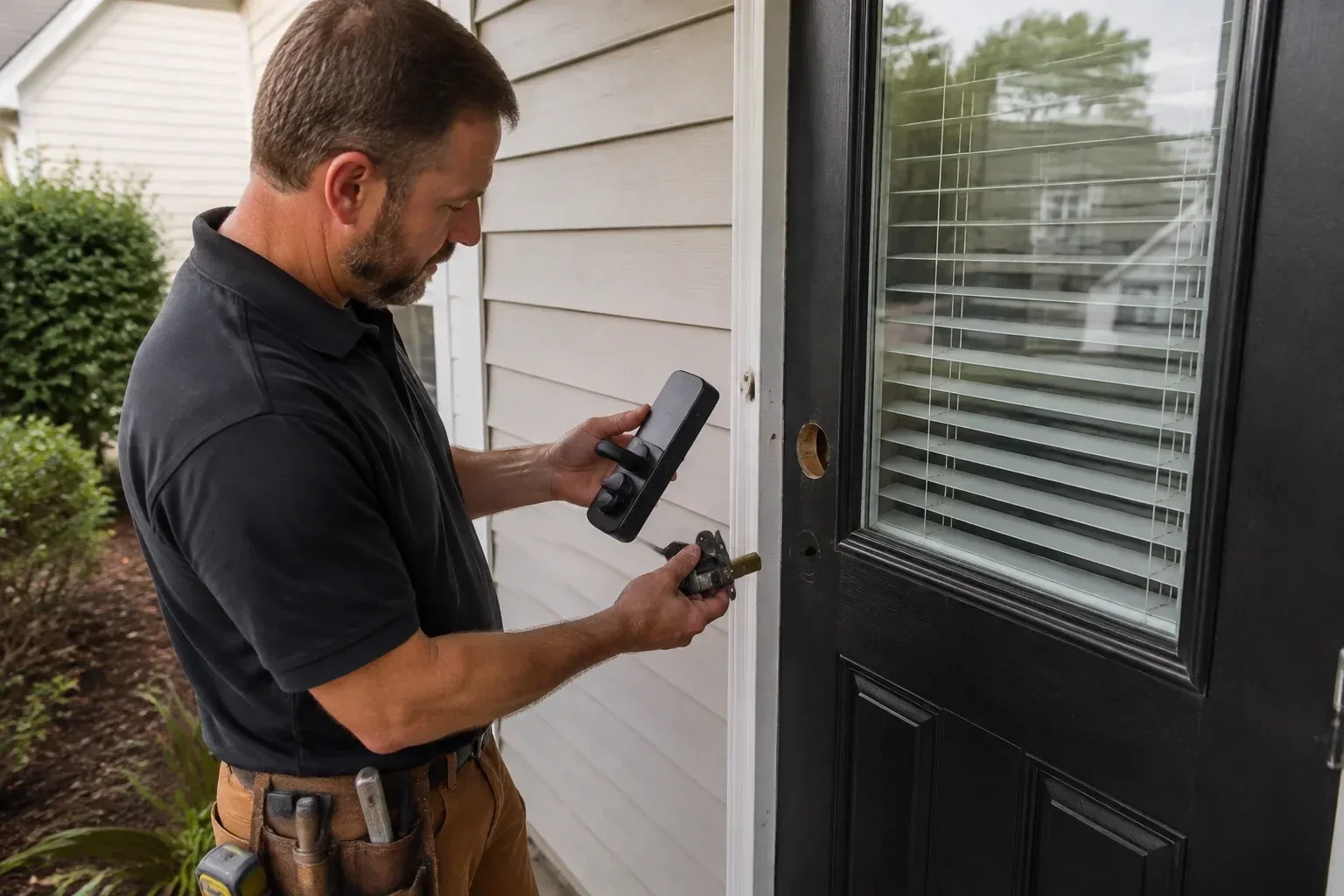 Person holding a black door-handle assembly and a latch beside a glazed door with exposed lock openings. — Smart Lock Installation, Oshawa