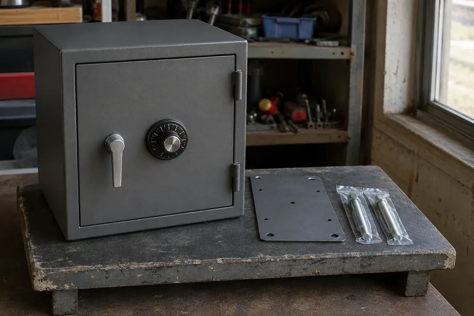 Closed small safe beside a metal plate and packaged fasteners on a workshop bench. — Safe Installation & Servicing, Oshawa