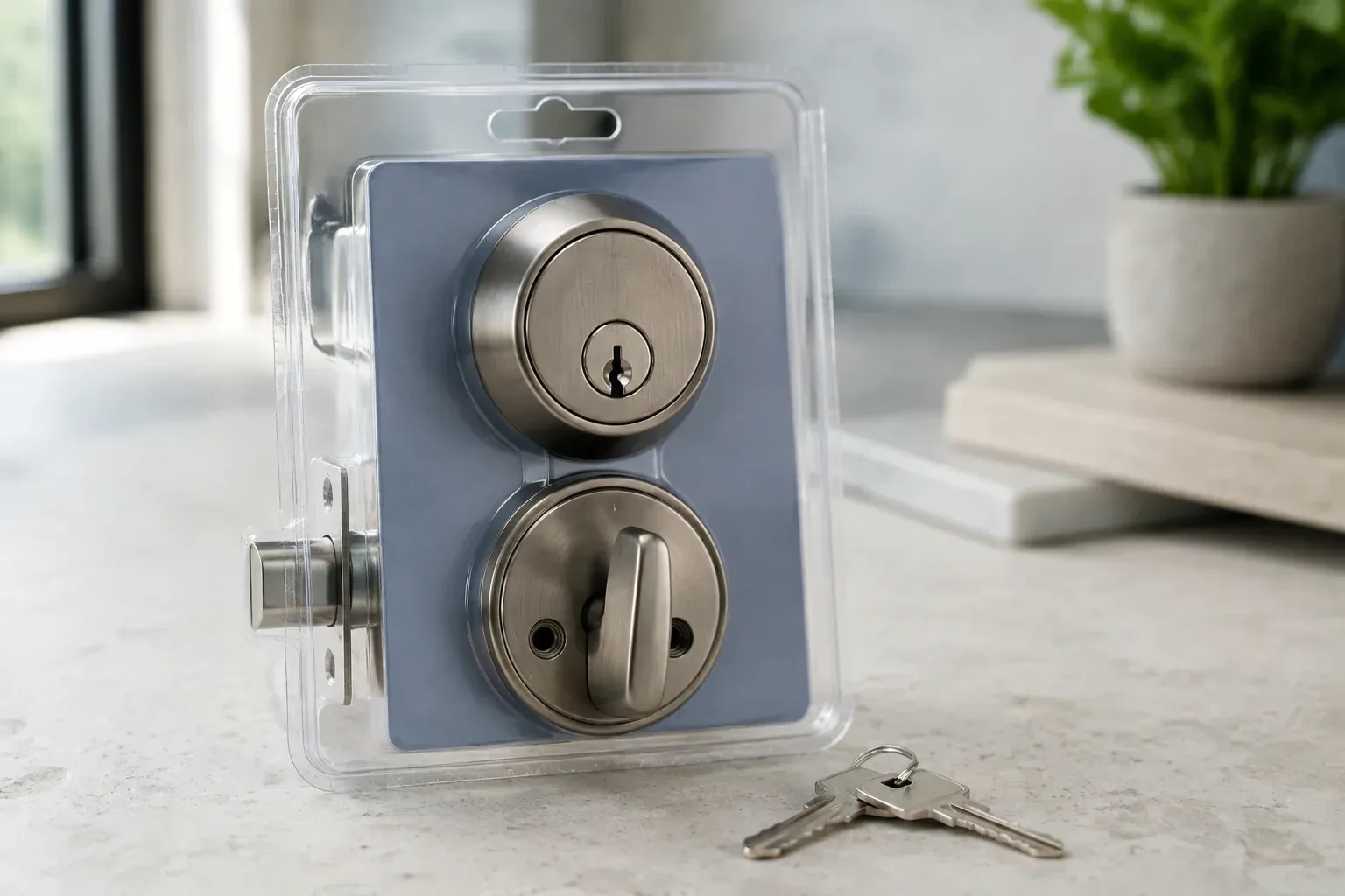 A silver-colored deadbolt set in clear packaging with two keys resting on the countertop in front. — Lock Rekeying, Oshawa