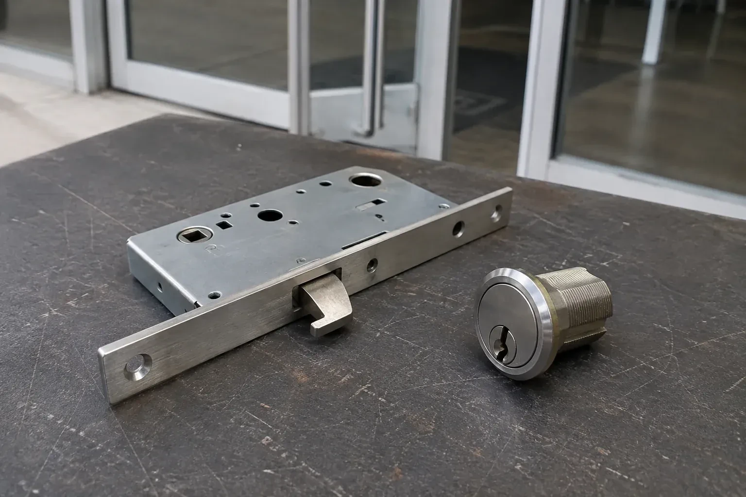 Detached mortise lock body with a projecting hook-shaped bolt beside a threaded cylinder. — Commercial-Grade Lock Replacement, Oshawa