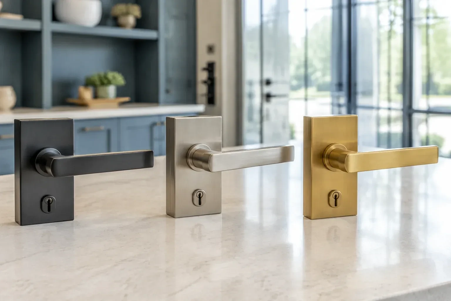 Three rectangular door-handle sets with keyholes in black, silver-colored and gold-colored finishes standing on a countertop. — Commercial Rekeying, Oshawa