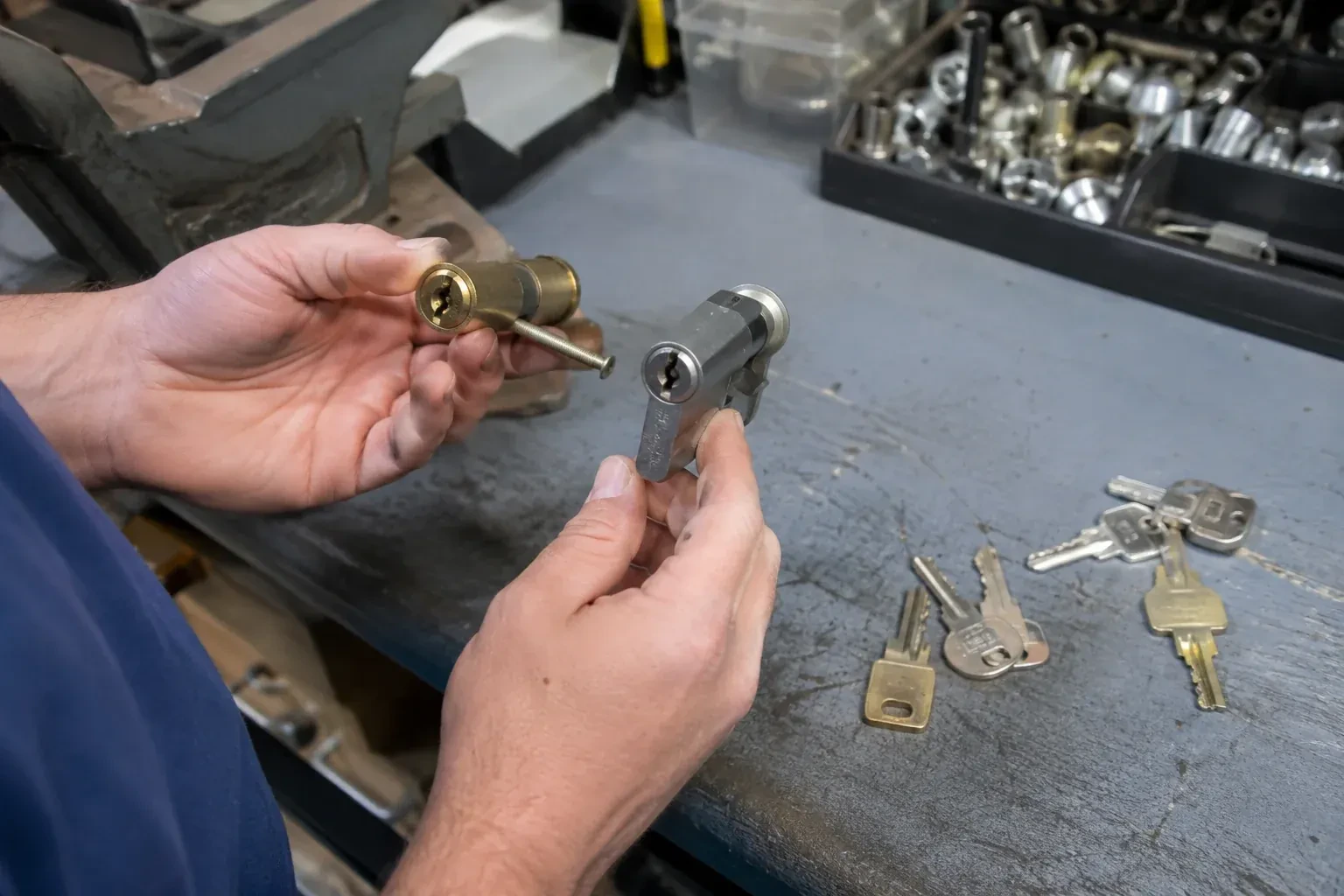 Hands comparing detached lock cylinders beside loose keys on a workbench. — Broken Key Extraction, Oshawa