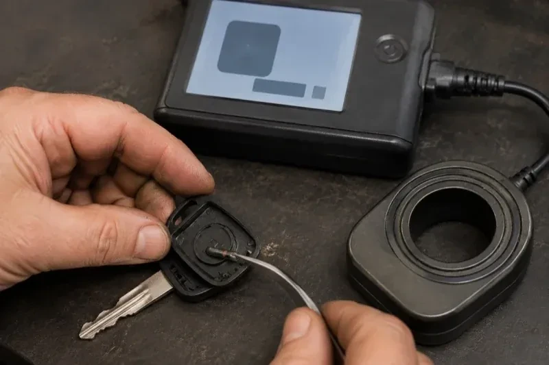Hands using tweezers at an opened car-key head beside a small electronic unit and a ring-shaped accessory. — Transponder Key Programming, Oshawa