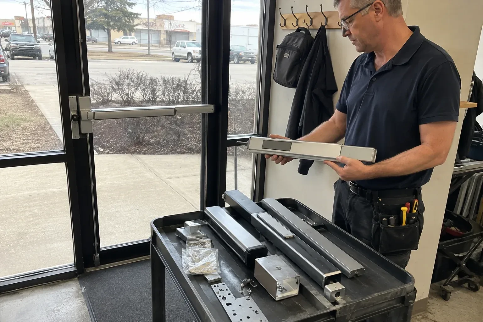 Person holding a long metal door-hardware assembly beside a cart of similar parts and a glass door fitted with a push bar. — Panic & Exit Hardware, Oshawa
