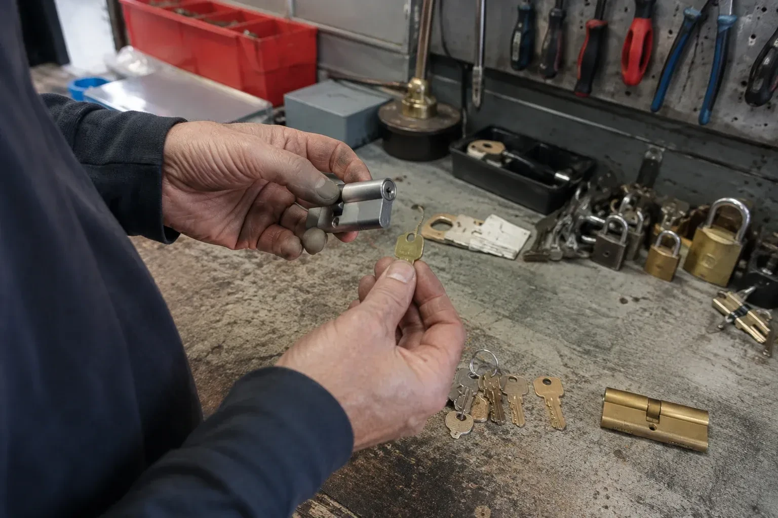Hands holding a silver-colored lock cylinder and a brass-colored key above a workbench with padlocks, keys and tools. — Master Key System Design, Oshawa