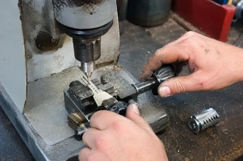 Hands operating a bench-mounted machine with a key clamped beneath a vertical cutter and a loose lock cylinder nearby. — Car Key Replacement, Oshawa