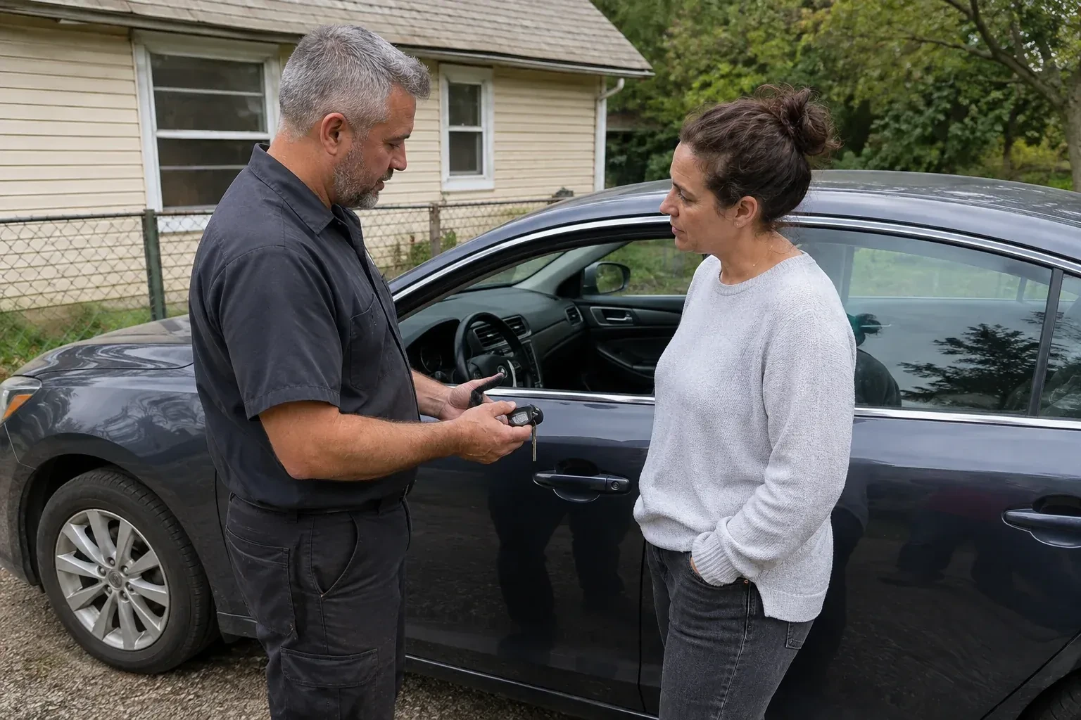 Two people standing beside a car with its window lowered, one holding a key and black key fob. — Ignition Lock Repair, Oshawa