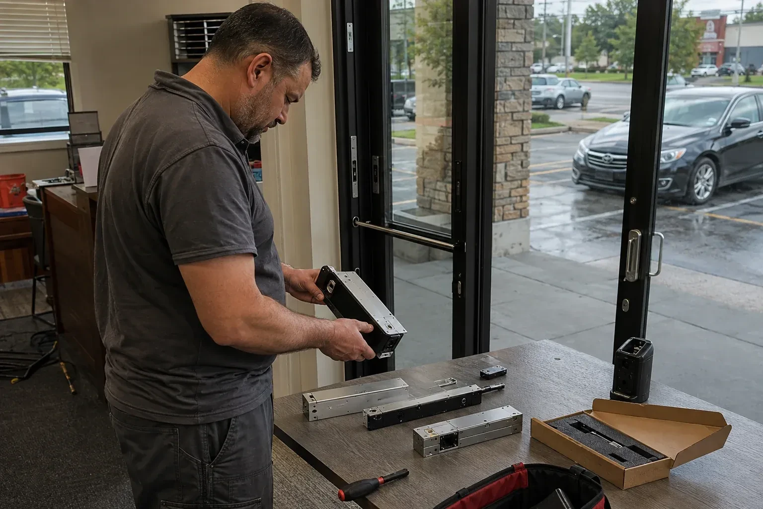 Person holding a rectangular door-hardware housing at a table with additional metal assemblies beside a glass entrance. — Access Control Installation, Oshawa