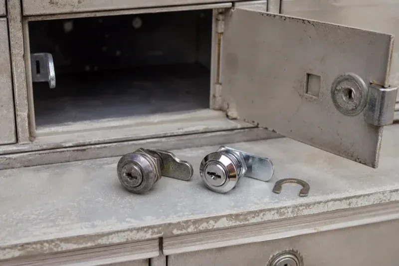 Two loose cam locks and a retaining clip resting below an open metal mailbox compartment. — Mailbox Lock Replacement, Oshawa
