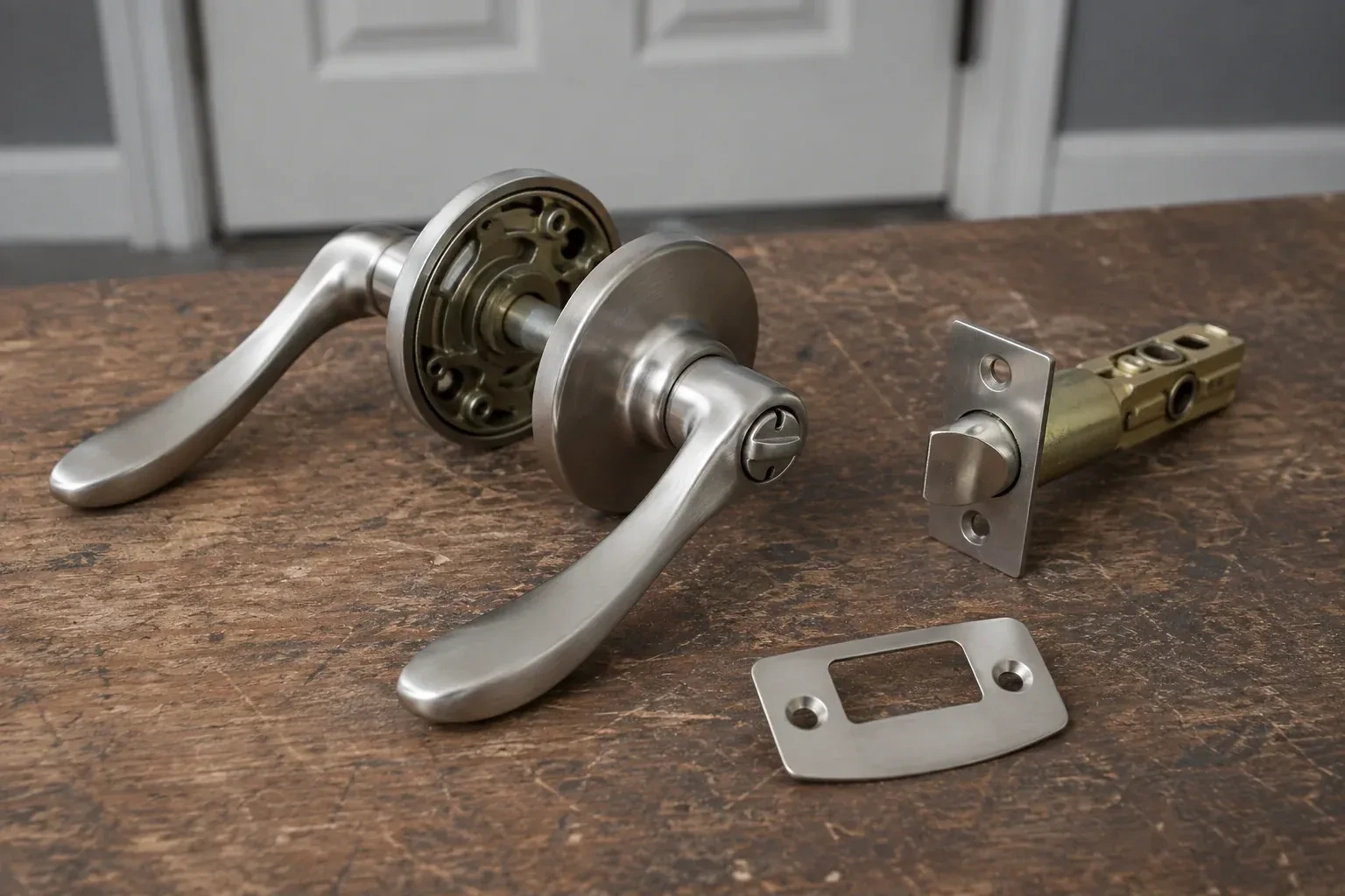 Detached satin-nickel lever hardware, tubular latch and strike plate on a wooden workbench. — Lock Replacement & Upgrade, Oshawa