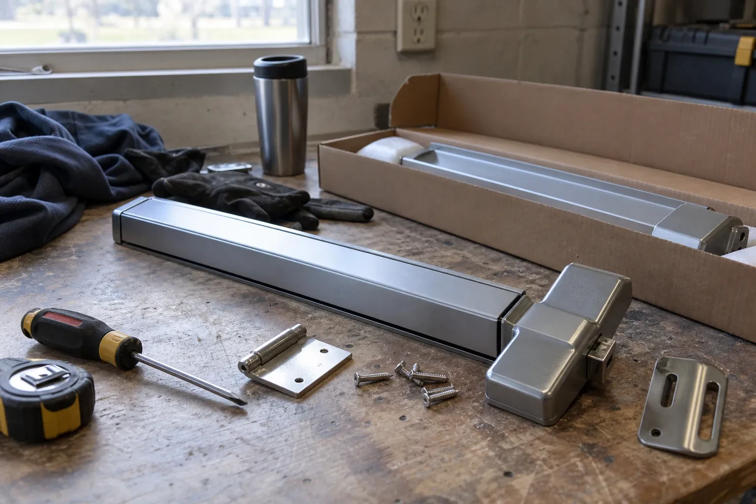 Steel push bar with a latch housing, hinge plate, screws, screwdriver and tape measure on a worn bench beside an open box. — Oshawa