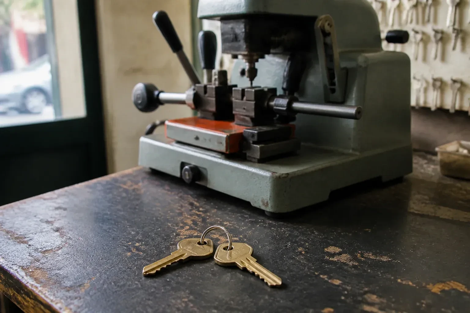 Two brass house keys on a ring resting on a workshop counter. — Spare Car Key Duplication, Oshawa