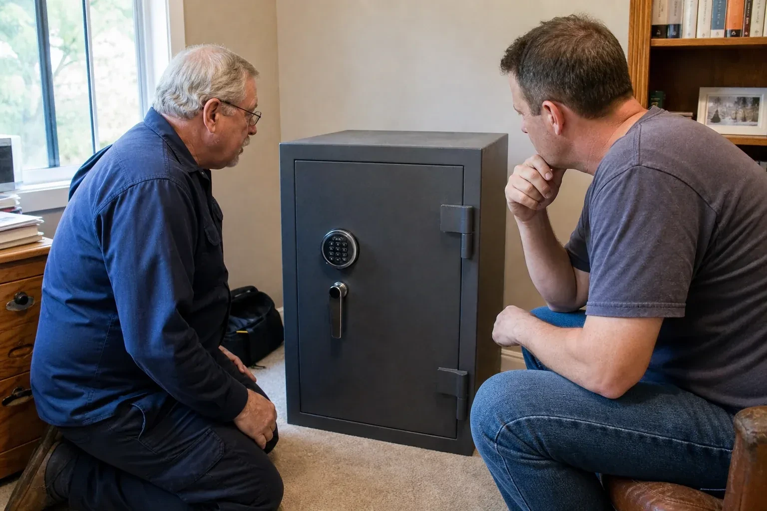 Two adults discussing a closed keypad safe in a home study. — Safe Opening & Combination Change, Oshawa