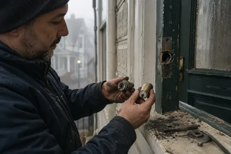 Person holding two lock cylinders beside an open painted door, with loose hardware and debris on the sill. — Seized & Jammed Lock Opening, Oshawa
