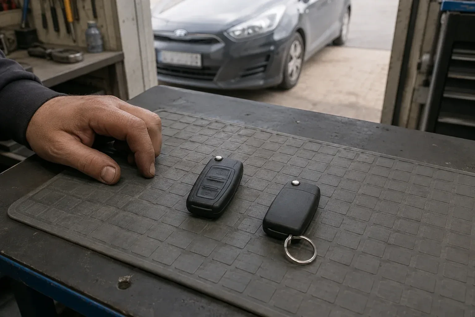 Two vehicle remote fobs on a work mat beside a technician’s hand, with a parked car beyond. — Key Fob Programming, Oshawa