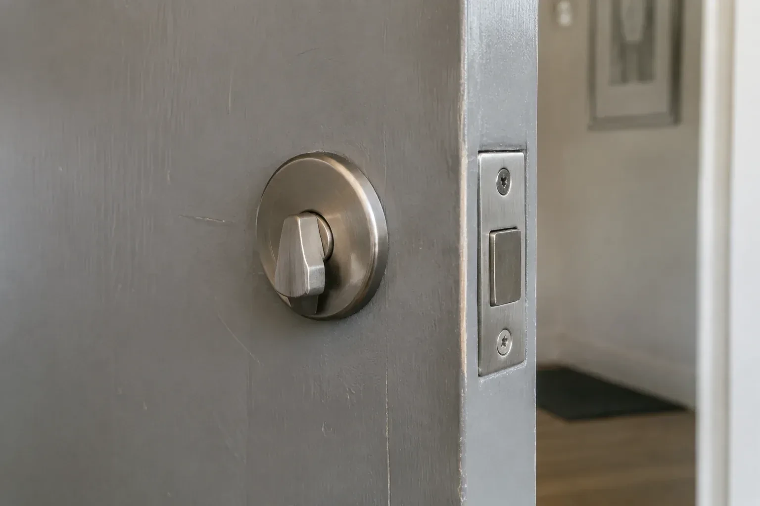 Close view of a satin-nickel deadbolt thumbturn and edge faceplate on a painted timber door. — Deadbolt Installation, Oshawa
